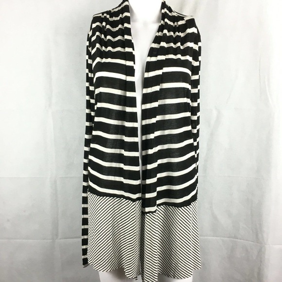 Three Dots Cardigan Womens Sz L  Black White Striped Open Front Stretch Knit‎ - Picture 1 of 7